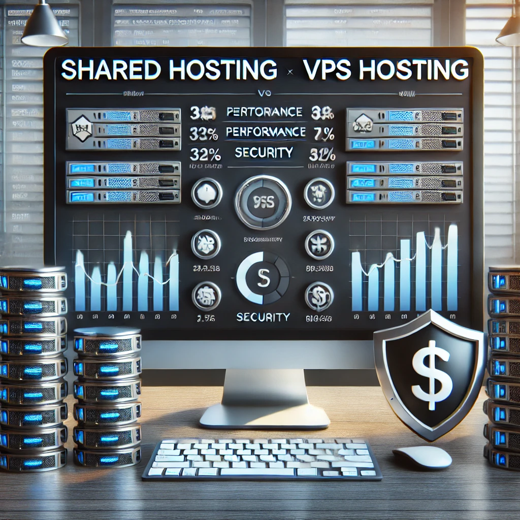 Paylaşımlı hosting ve VPS hosting karşılaştırmasını gösteren modern bir çalışma ortamında barındırma yönetim araçlarıyla birlikte sunucu simgeleri, performans grafikleri, güvenlik kalkanları ve maliyet farklarını temsil eden dolar işaretleri