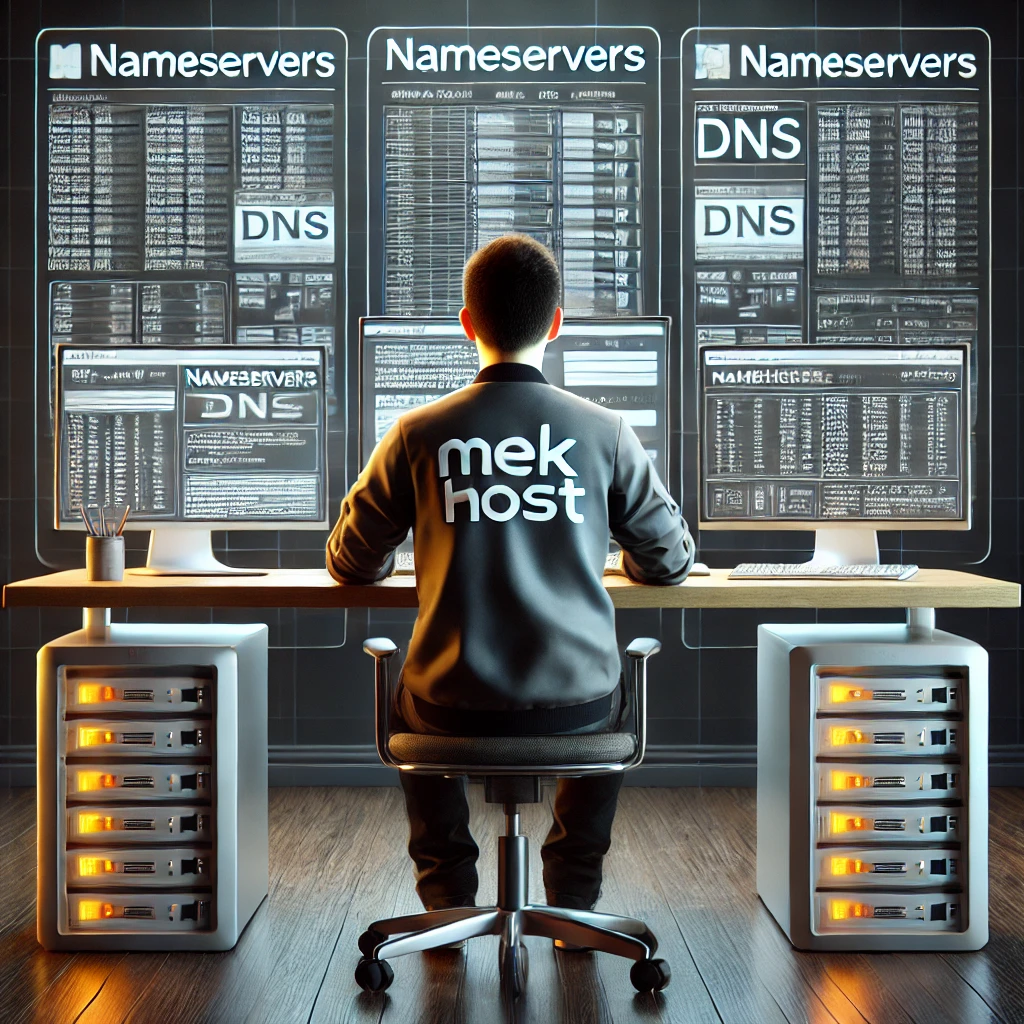 DNS ve Nameserver yönetimini anlatan bir Mekhost teknisyenini sunum tahtası önünde gösteriyor. Teknisyen, DNS ve Nameserver arasındaki farkları ve çalışma prensiplerini işaret çubuğuyla açıklıyor. Mekhost logosu teknisyenin kıyafetinde görülüyor.