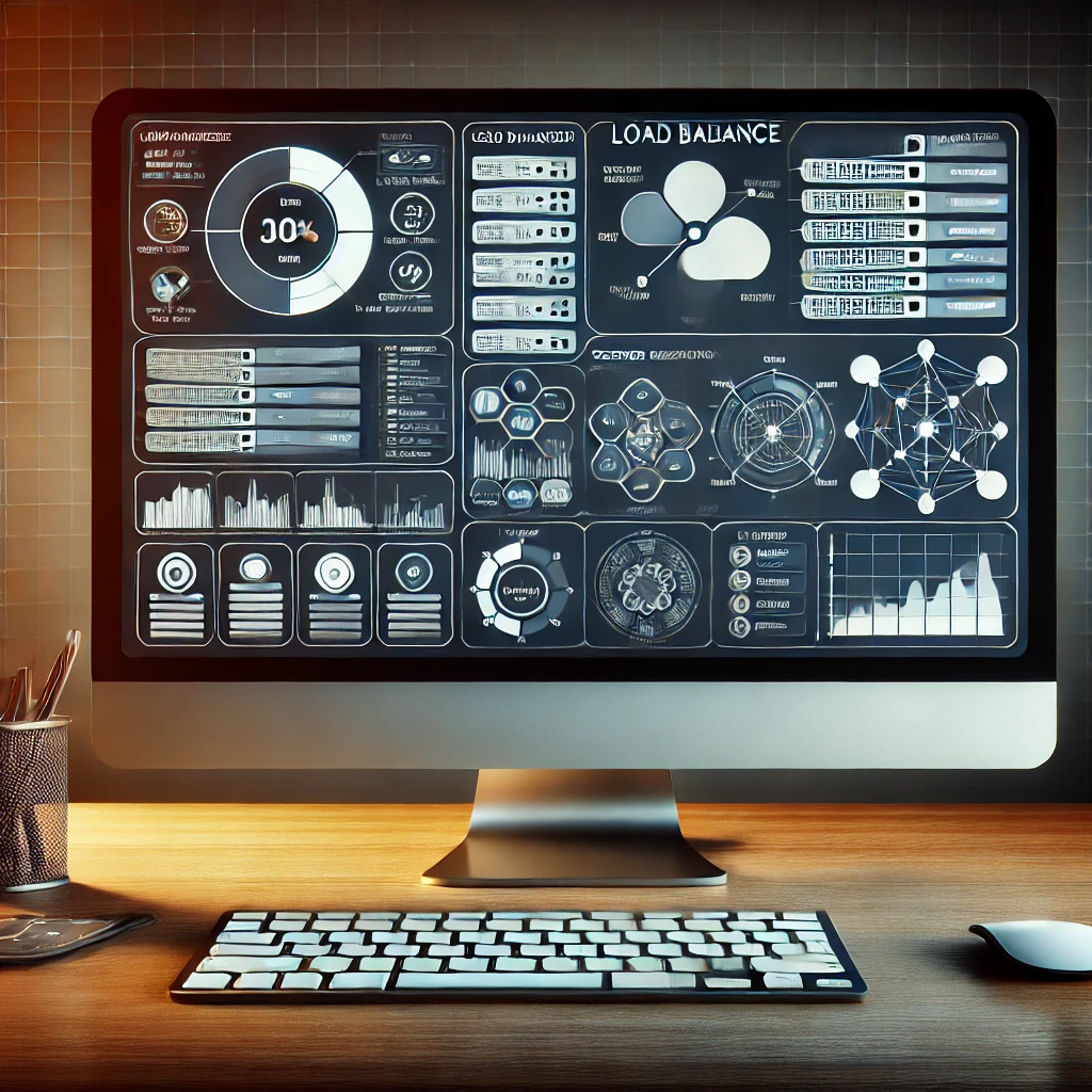 Modern bir çalışma ortamında, Load Balancer kurulum ve yönetim araçlarını gösteren bilgisayar ekranı. Load Balancer simgeleri, ağ diyagramları, sunucu yapılandırmaları ve performans grafikleri içermektedir. Farklı türler ve yöntemler vurgulanmaktadır.