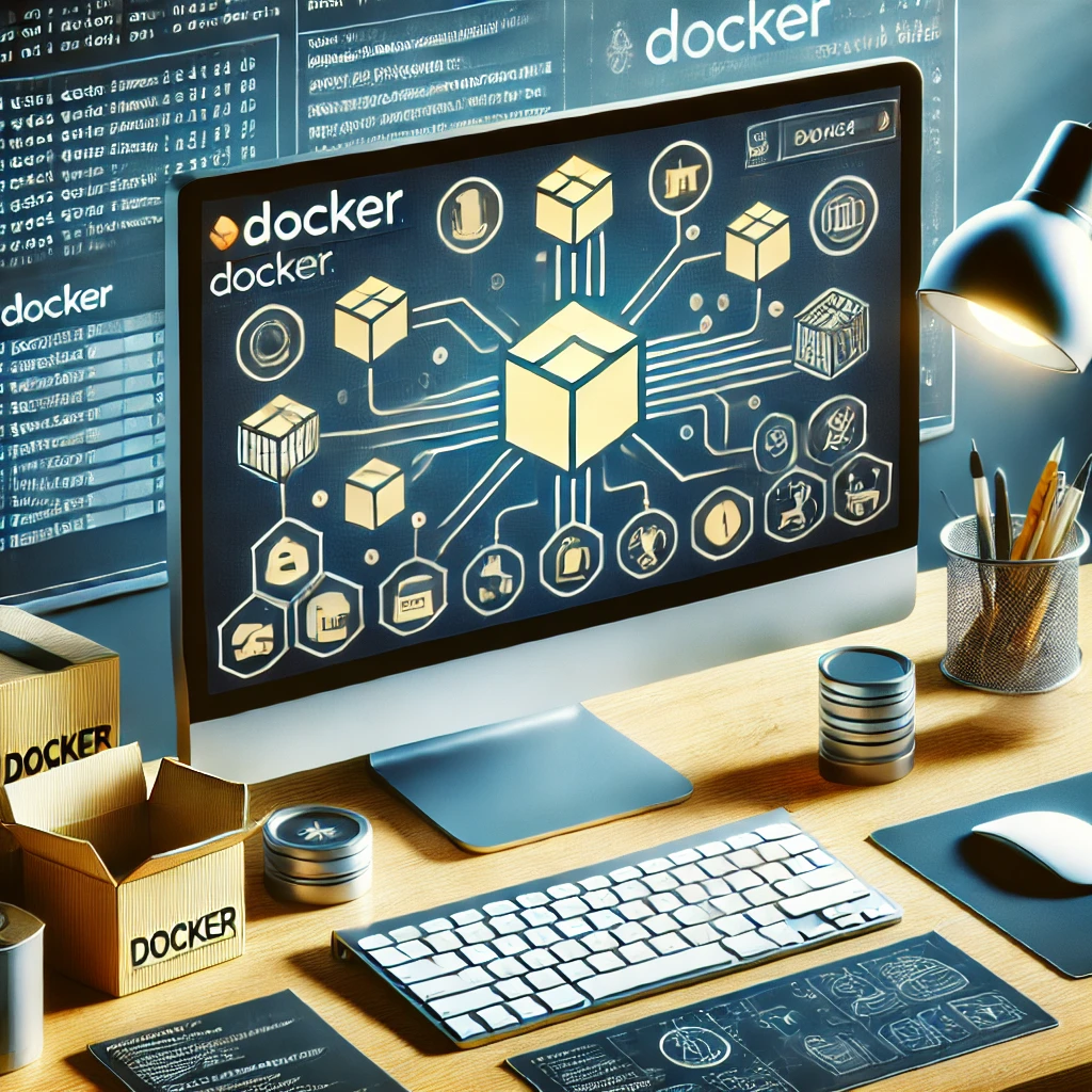 Modern bir çalışma ortamında Docker yazılımı ve konteyner yönetim araçları. Docker logoları, konteyner simgeleri ve komut satırı arayüzleri gösterilmiştir. Docker'ın konteynerleştirme ve sanallaştırma süreci vurgulanmaktadır.