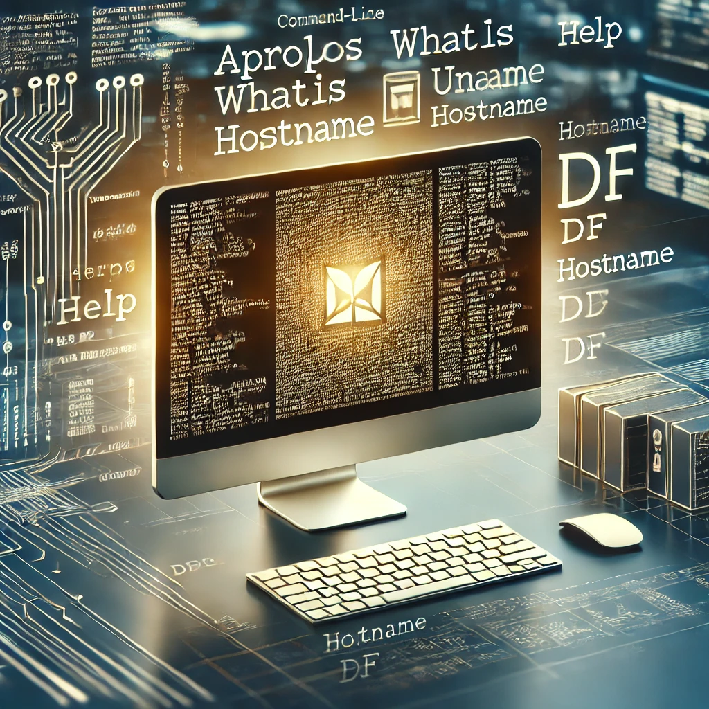 Modern bir çalışma ortamında, çeşitli Linux terminal komutları ve çıktıları gösteren bilgisayar ekranı. Komut satırı arayüzleri, kod parçacıkları ve terminal pencereleri içerir. apropos, whatis, uname, hostname, df gibi yardım ve bilgi alma komutlarının kullanımı vurgulanmaktadır.