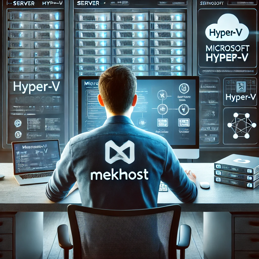 Microsoft Hyper-V kurulumunu gerçekleştiren Mekhost teknisyeni, bilgisayar başında çalışırken görülüyor. Teknisyenin kıyafetinde Mekhost logosu arkadan gözüküyor. Bilgisayar ekranında Hyper-V arayüzü, sunucu simgeleri ve ağ diyagramları bulunuyor, kurulum süreci vurgulanıyor.