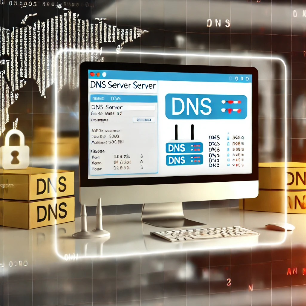 Modern bir çalışma ortamında DNS server kurulumu ve yönetim araçlarını gösteren bilgisayar ekranı. DNS simgeleri, sunucu yapılandırmaları ve ağ diyagramları içermektedir. Linux sistem üzerinde DNS server kurulumu ve yönetimi süreçleri vurgulanmaktadır.