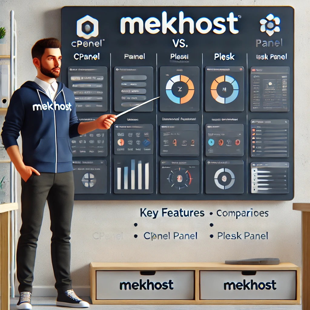 Mekhost teknisyeni, sunum tahtası önünde cPanel ve Plesk Panel arasındaki farkları anlatıyor. Teknisyenin elinde işaret çubuğu var ve tahtada kontrol panellerinin özellikleri ve karşılaştırmaları gösteriliyor. Mekhost logosu teknisyenin kıyafetinde görünüyor